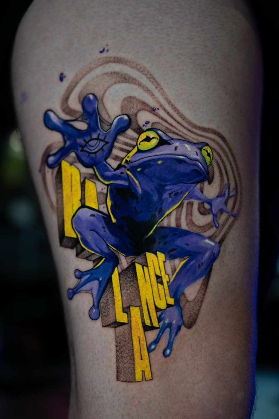 Custom colour illustration tattoo by veda.ink, Brighton