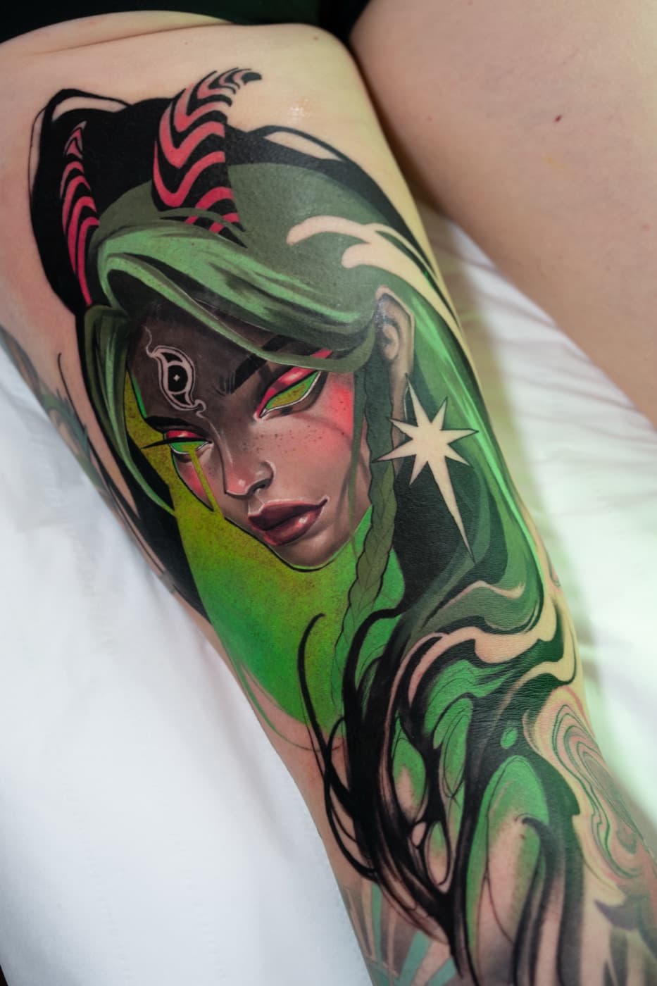 Custom colour illustration tattoo by veda.ink, Brighton