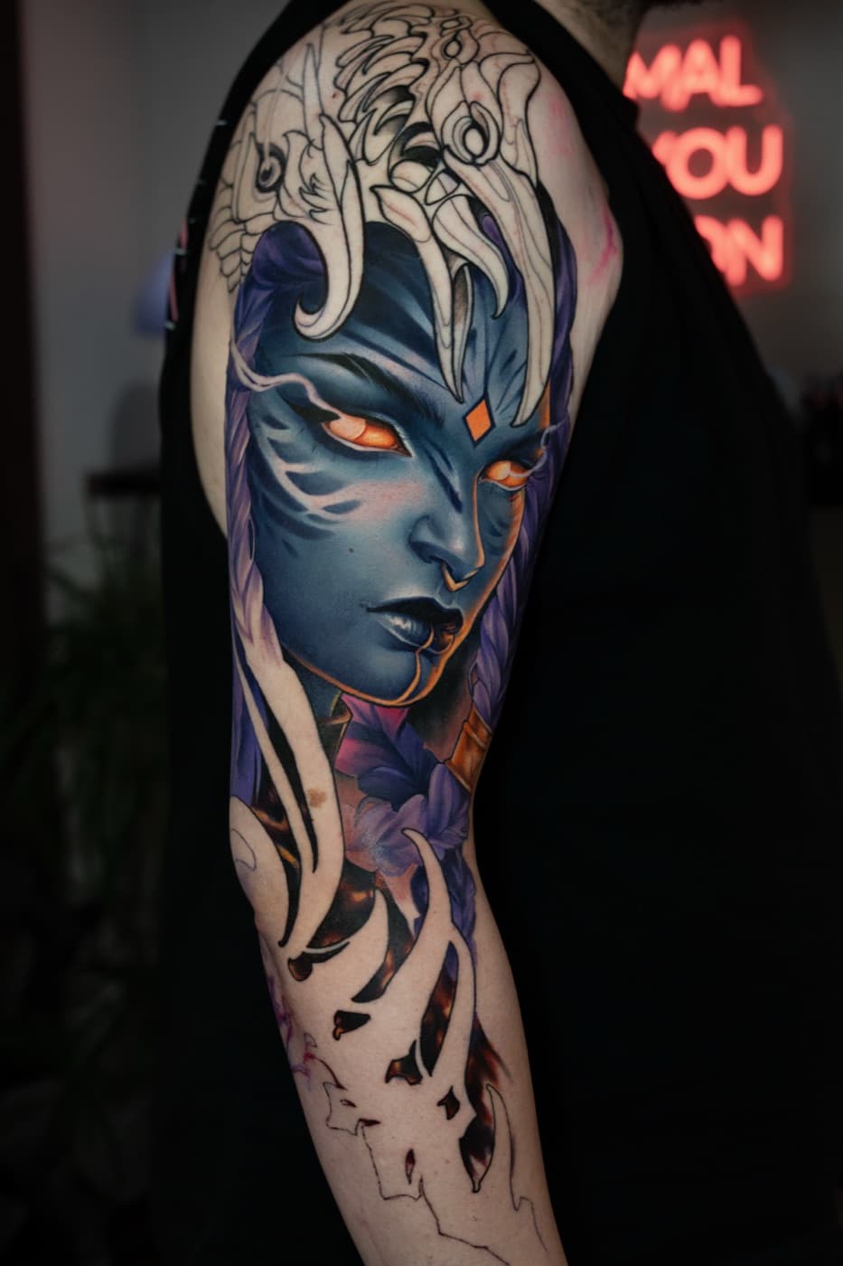 Custom colour illustration tattoo by veda.ink, Brighton