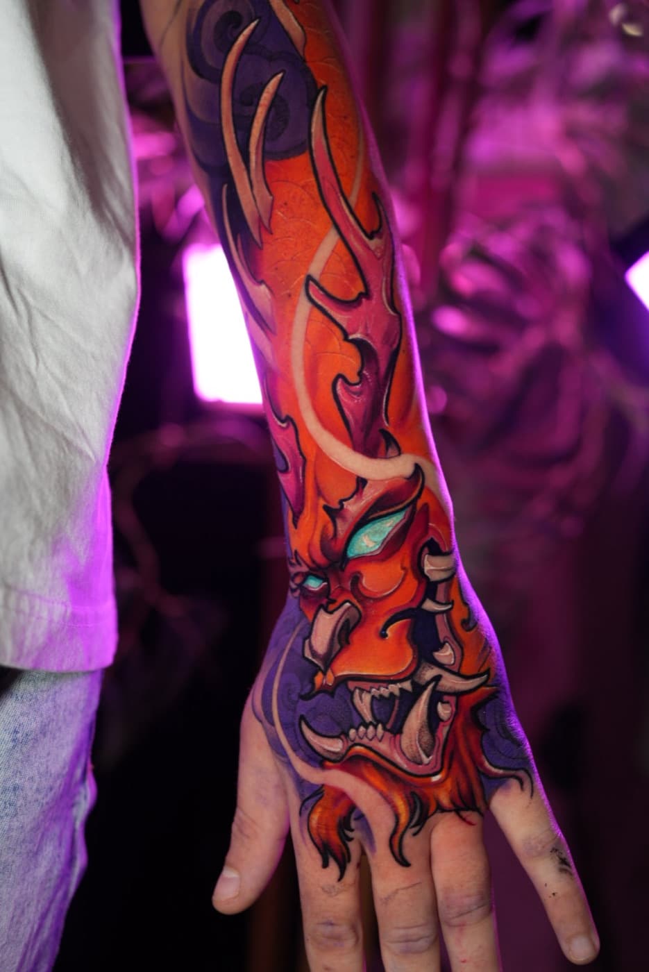 Custom colour illustration tattoo by veda.ink, Brighton